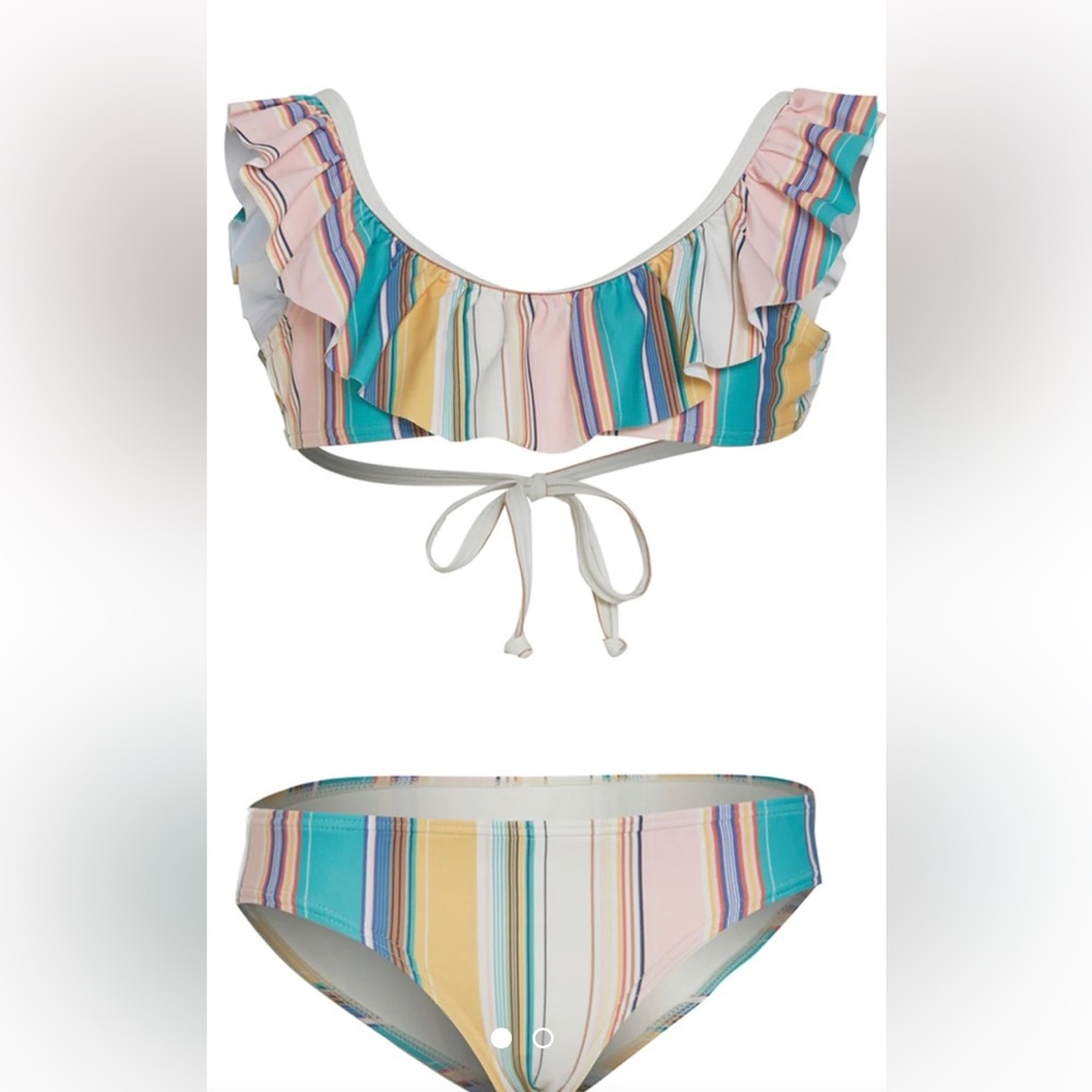 O’Neill Baja stripe ruffle tie back girls swimsuit.